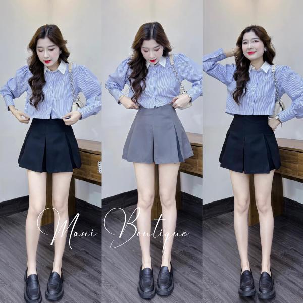 Áo sơ mi nữ kẻ sọc xanh dài tay croptop mặc cùng chân váy a tôn dáng Women Kem