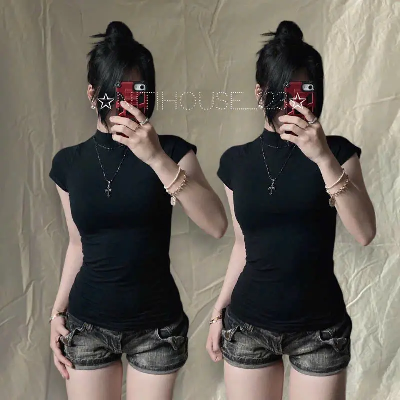 Áo thun body cổ lọ cotton tay ngắn y2k 3p ôm tay cộc chiết eo form dài - Nitihouse - Nữ, Women