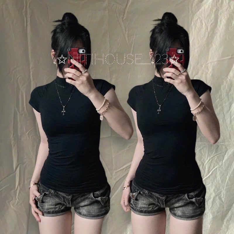 Áo thun body cổ lọ cotton tay ngắn y2k 3p ôm tay cộc chiết eo form dài - Nitihouse - Nữ Women