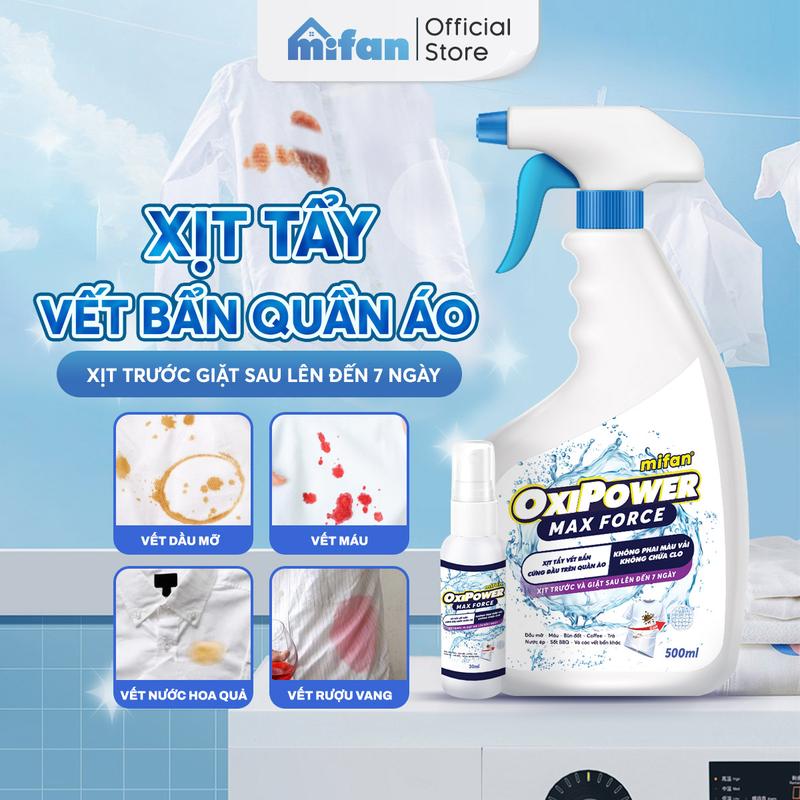 Xịt Tẩy Vết Bẩn Quần Áo Mifan 500ml - Làm sạch nhanh vết thức ăn, máu, mốc, ố vàng, cổ áo, an toàn, không phai màu vải
