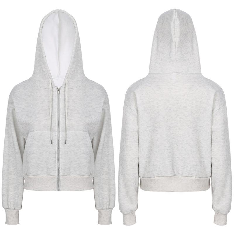 Moggemol  Womens Zip-Up Fleece-Lined Cropped Hoodie Casual Solid Color Long Sleeve Drawstring Hooded Sweatshirt with Pockets Womenswear Elastic 7