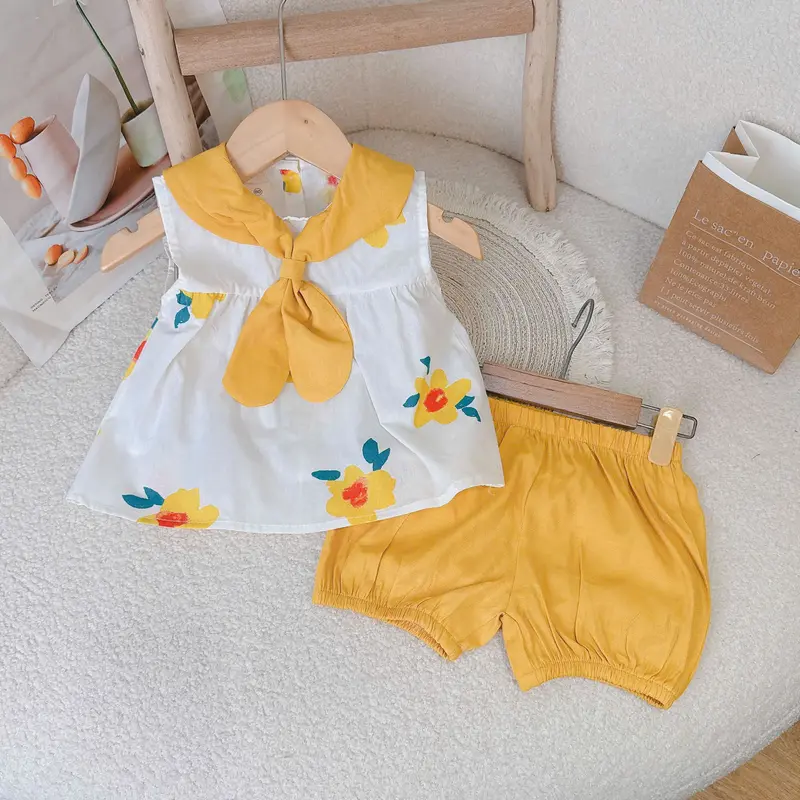 Đồ bộ bé gái nơ vàng Hapykids chất thô hoa mềm mát,bộ quần áo cho bé gái từ 0-6 tuổi (25.B16) 3