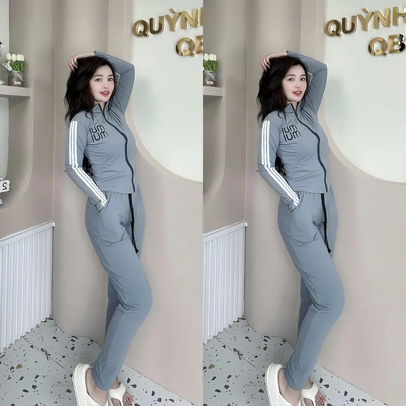 Set Bộ Nữ Thể Thao MỎNG MÁT  Thun Tăm Quần Dài Ôm Bo Ống Áo Thêu Chữ Tay Dài Khóa Kéo Sport Chạy Bộ Top 3