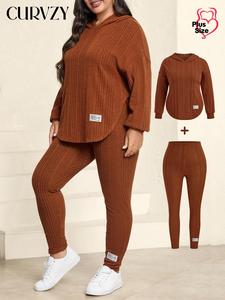 CURVZY Plus Size Two-Piece Set Letter Patched Drop Shoulder Curved Hem Hoodie & Elastic Waist Skinny Pants Ribbed Set, Casual Fashion Cozy Breathable Two-piece Outfits