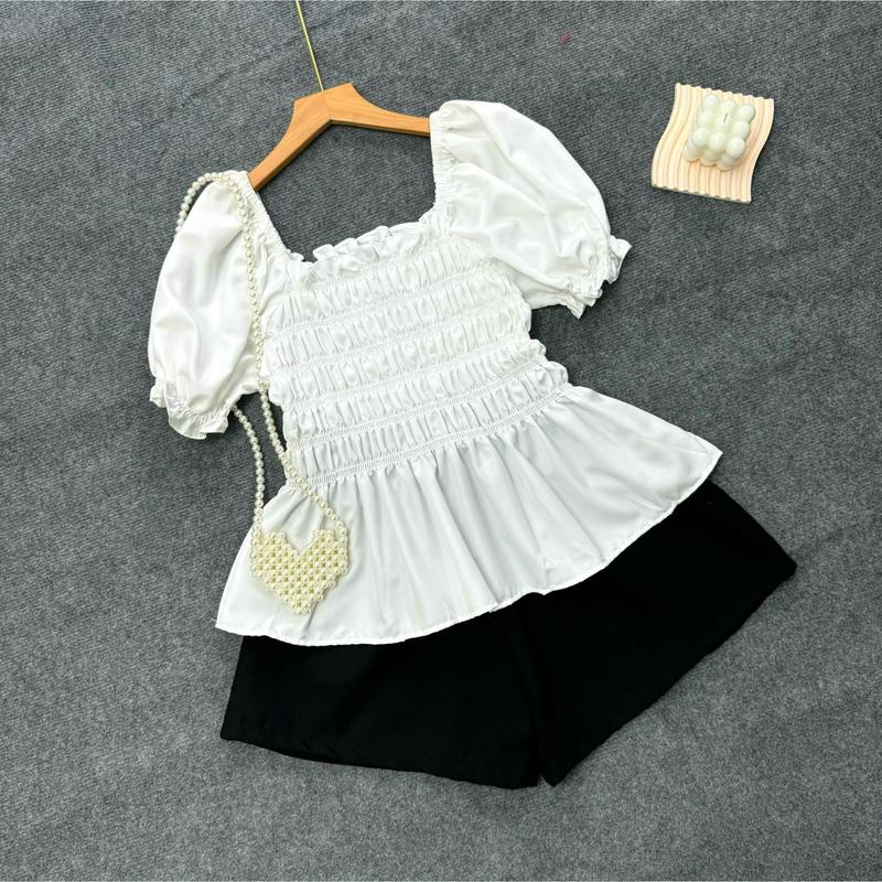Set Áo Babydoll Bigsize Nữ Tay Phồng Nhún Bèo Vải Lụa Chéo Mềm Kèm Quần Đùi Lưng Thun Cá Tính SET917 set  đồ Kem Top Women