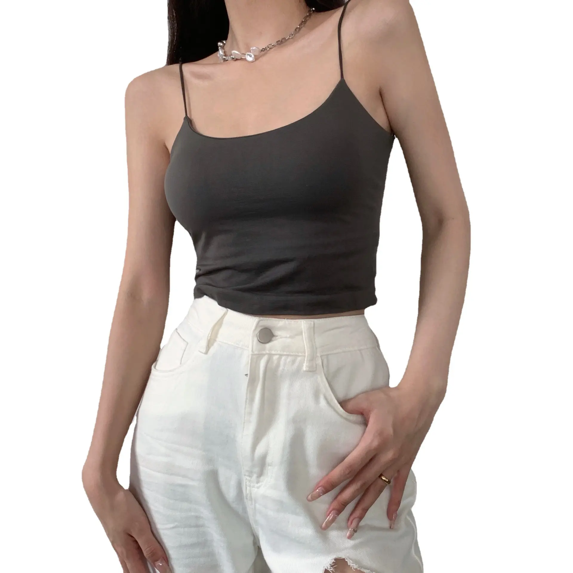 Hot Girl Padd Strap Vest Women's Summer Anti-Exposure Sleeveless Sexy Inner Wear Bottoming Shirt Short Tops Outerwear Womenswear Tube Basic Minimalist Lingerie