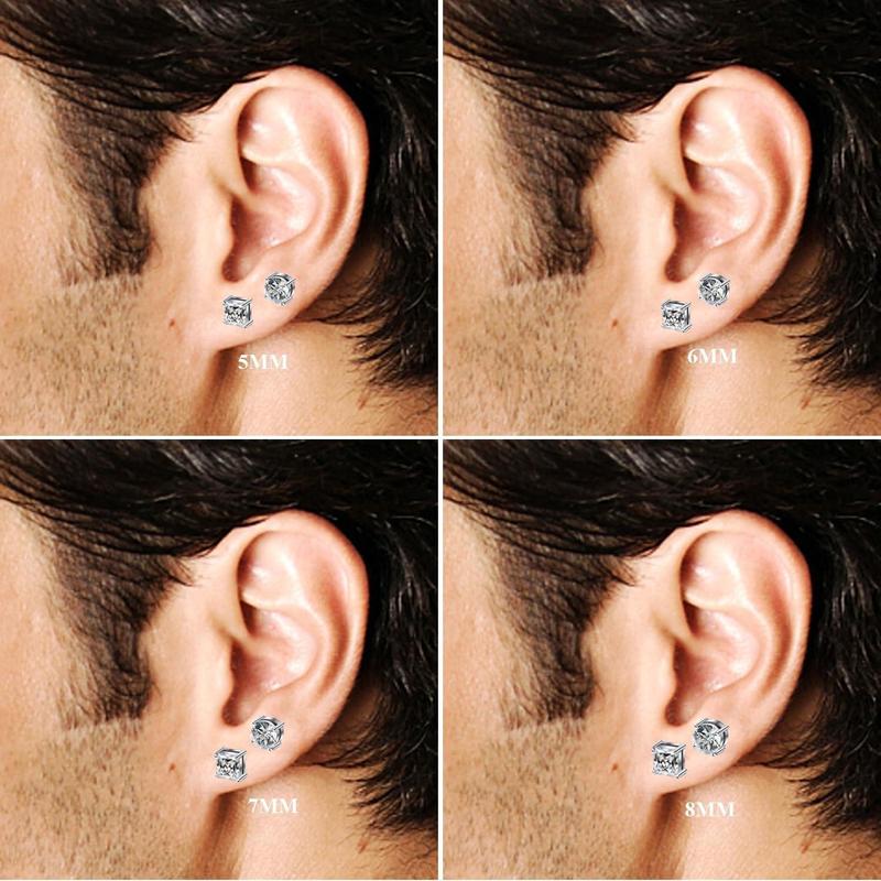 Cassieca 2 Pairs Stainless Steel Magnetic Stud Earrings for Men Women Non-piercing CZ 5-8MM 6