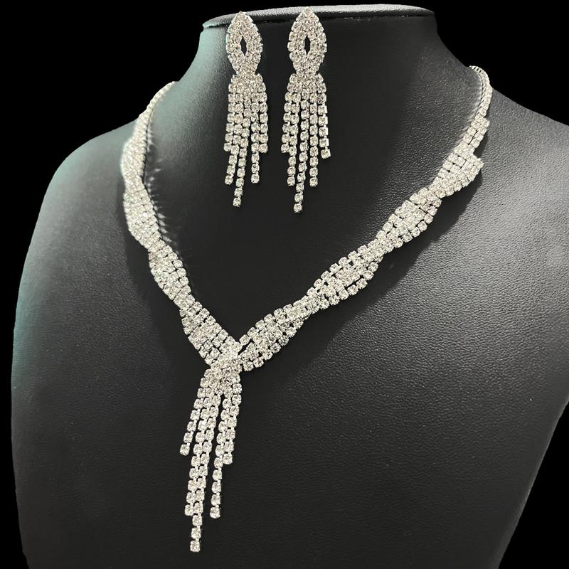 Product Introduction of Necklace Earrings Tassel Wedding Jewelry Set Rhinestone Pendant Wedding Banquet Twist Wedding Dress Accessories 8673 7
