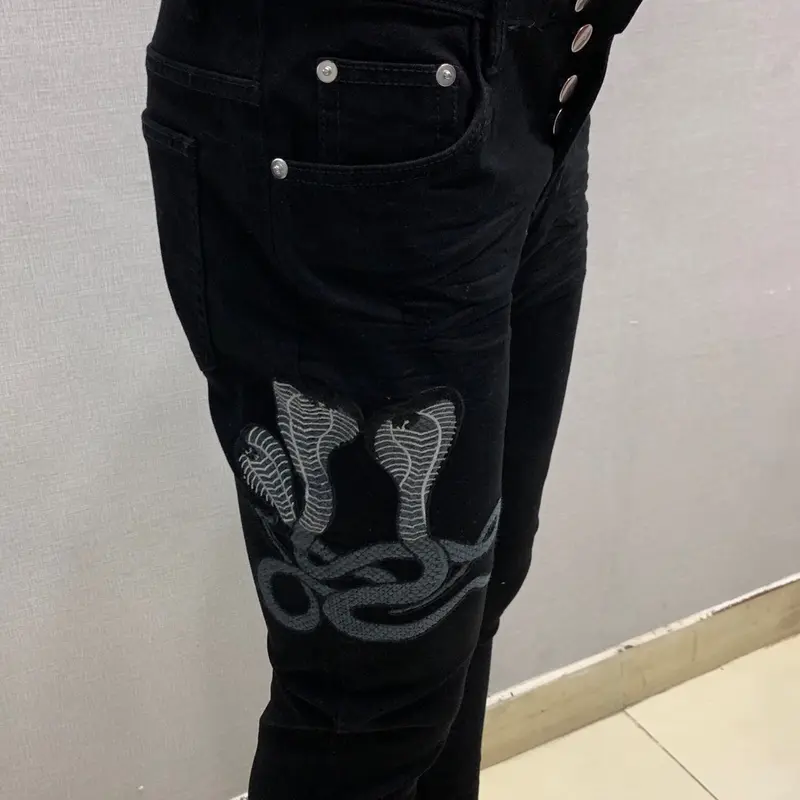 Quần thêu tam thái tử không rách phom aimi bó sát có co giãn Menswear Pants Menswear  Ôm gọn  Jean 3