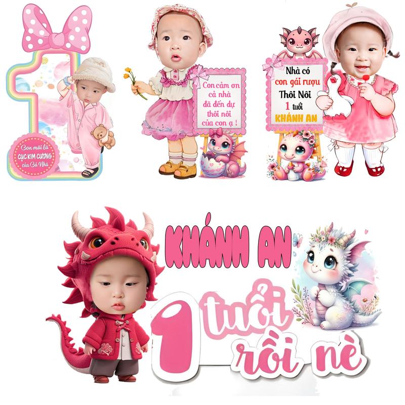 In ảnh chibi bé gái 4 chi tiết trang trí thôi nôi sinh nhật MÀU HỒNG CHỦ ĐỀ BÉ RỒNG chất liệu fomex để bàn sét  trang set  trang