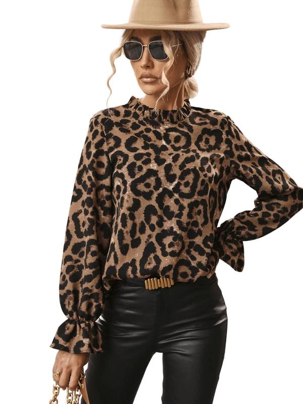 Women's Leopard Print Mock Neck Blouse, Elegant Long Sleeve Top for Spring & Fall, Women's Clothing for Daily Wear 2