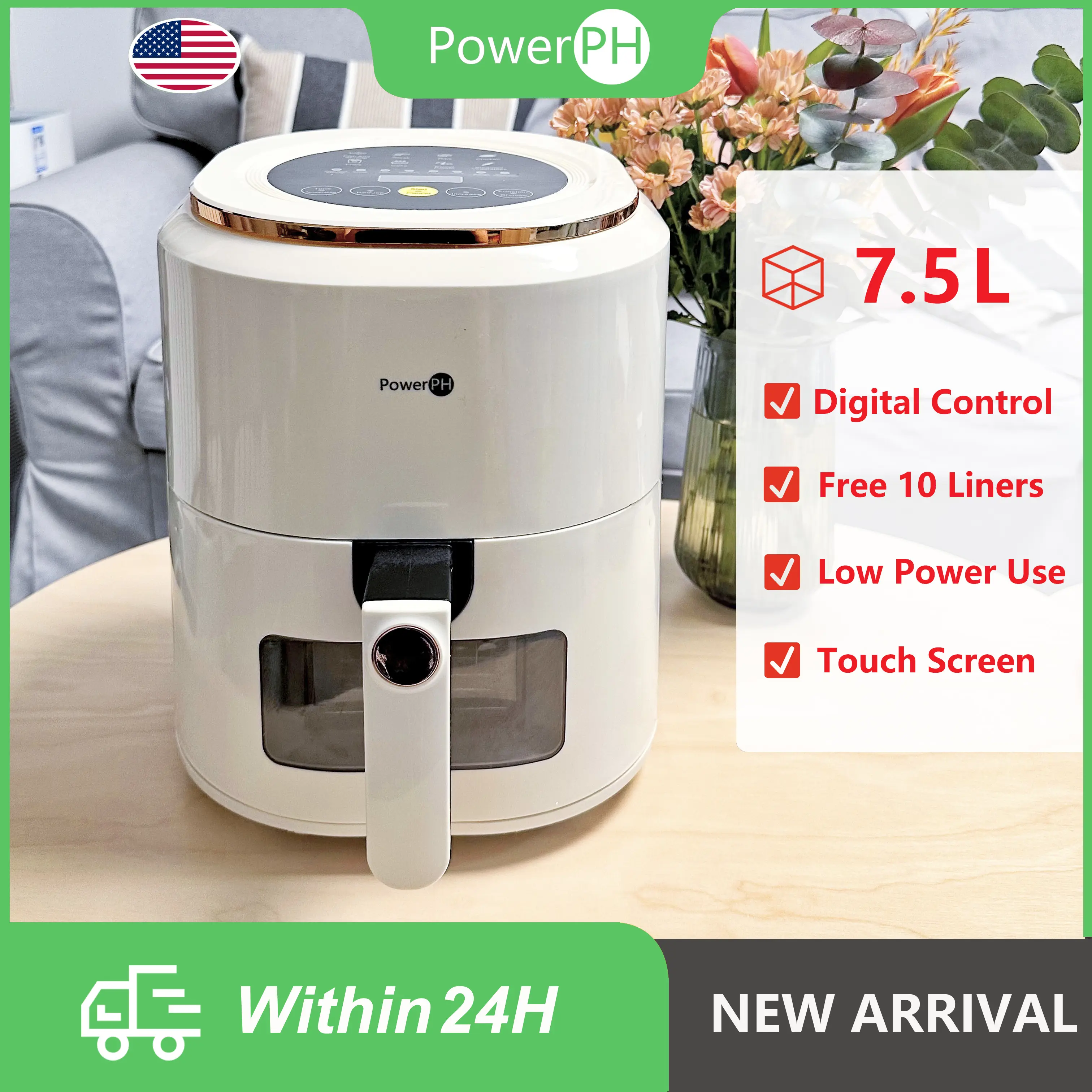 POWERPH Air Fryer 7.5L White Digital Multi-functional Oil Free Non-Stick White Airfryer With Liners and Touch Screen