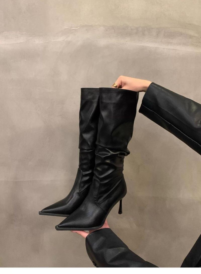 Product Introduction of 2025 Pointed Toe White High-Heeled Western Boots Female Boots New Spring Summer Slimming Pile Style Knight Spring And Autumn Boots 9