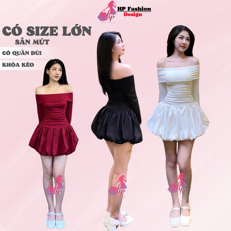 Đầm trễ bệt vai dài tay body dáng bí, váy kiểu nữ màu đen đỏ trắng đi tiệc noel tết tiểu thư sang chảnh HP18 XMAS Women Tre Dress Nhung Kem