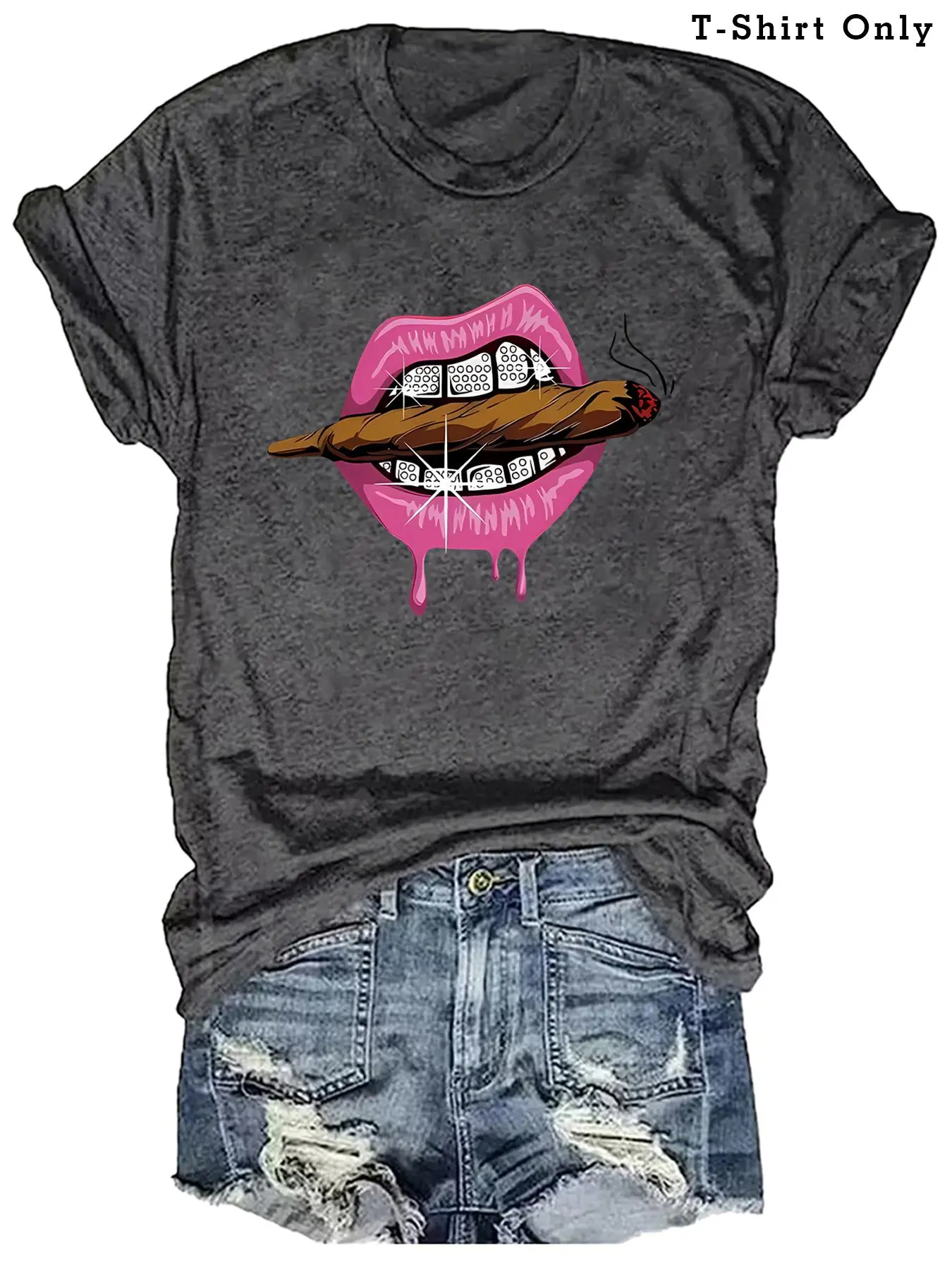 Plus Size Cartoon Lips Print Round Neck Tee, Casual Short Sleeve T-Shirt for Summer, Women's Plus Clothing for Daily Wear