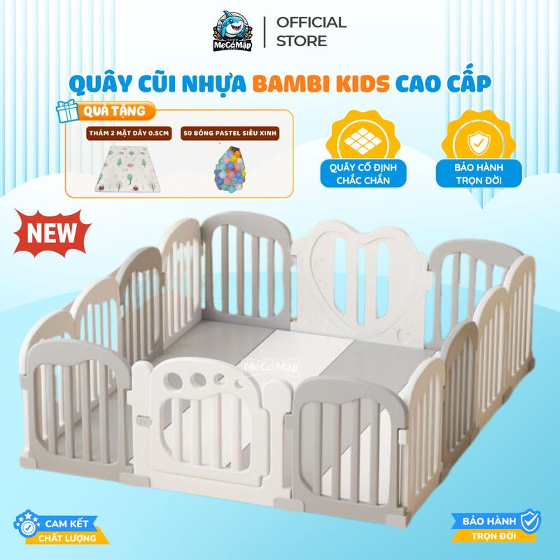 Quây Cũi Nhựa Bambi Kids Trắng Cao Cấp Tặng 100 Bóng +Thảm +Giỏ bóng, Quây Nhựa HDPE Không Mùi An Toàn Cho Bé