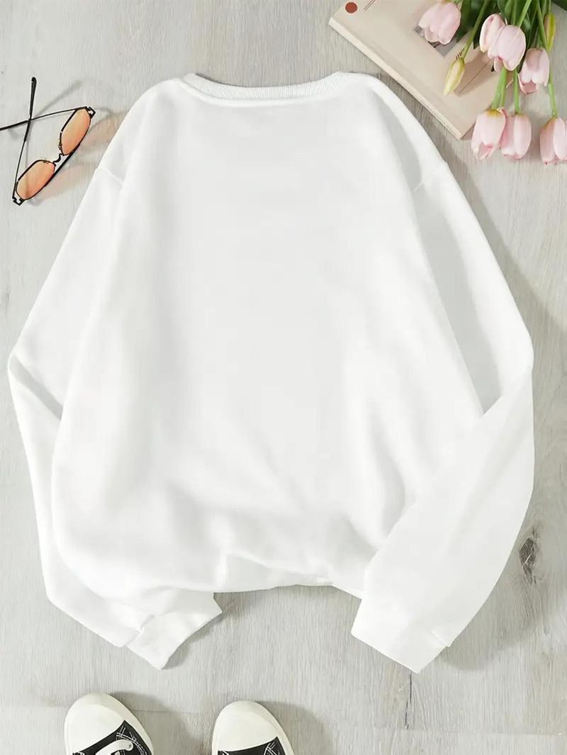 Product Introduction of Women's  Rhinestones Glitter Heart & Letter Print Drop Shoulder Sweatshirt, Casual Long Sleeve Round Neck Pullover for Fall & Winter, Ladies Clothes for Daily Wear 2