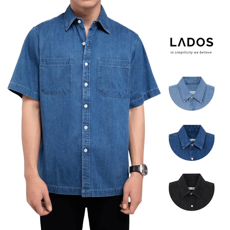 Áo Sơ Mi Jean Nam Basic Xanh Denim LADOS - 8163 Ngắn Tay Hàn Quốc Form Suông Trẻ Trung, thanh lịch