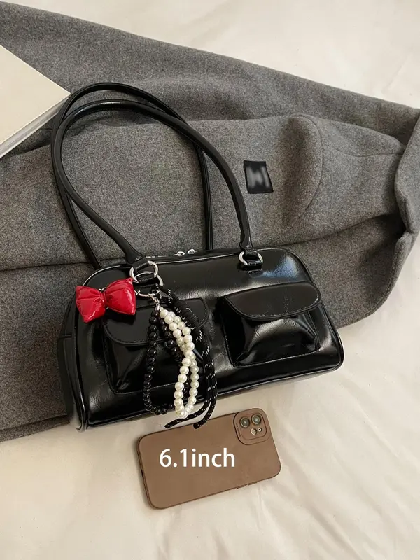 Women's Fashionable Plain Color Shoulder Bag, Casual Versatile Shoulder Bag with Charm Decor, Trendy All-match Commuter Bag for Daily Used 7