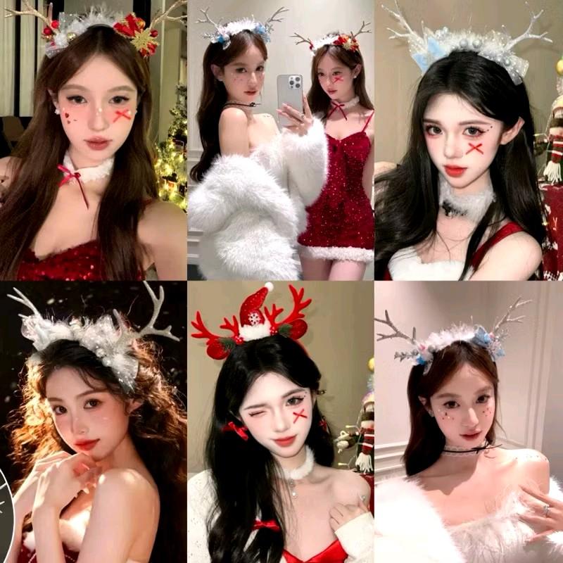 Băng đô sừng tuần lộc, kẹp tóc giáng sinh màu pastel nhũ bạc mix lông vũ cao cấp siêu đẹp