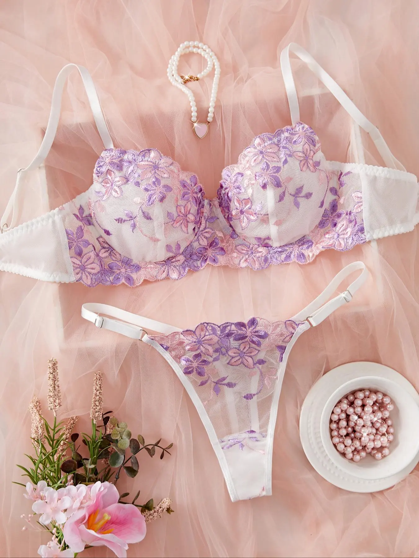 Two-Piece Set Women's Floral Print Underwire Bra & Thong, Sexy Comfy Breathable Bra & Thong Set, Lingerie Set for Women