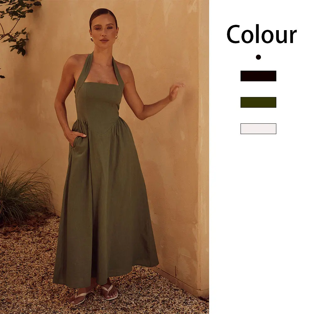 Summer New Women's Fashionable Elegant Wide Strap Halter Neck Backless Dress