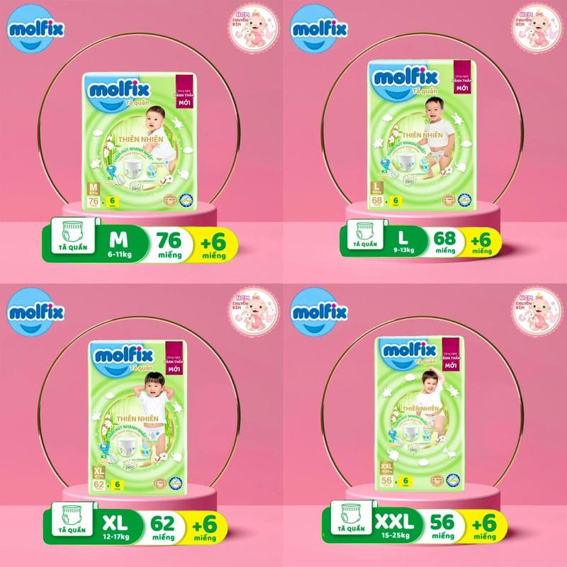 Bịch Cực Đại Tã Quần Molfix Thiên Nhiên Full Size M82/ L74/ XL68/ XXL62 Cho Bé