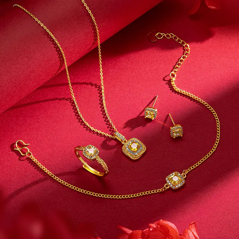 Women's Light Luxury Super Shiny Small Sugar Cube Yellow Diamond Necklace Bracelet Ring Earrings Gold Plated High-end Internet Celebrity Sugar Cube Four-piece Set