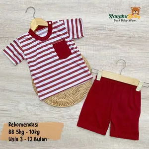 Nanaku Baby - Setelan Baju Bayi Lengan Pendek Kancing Pundak Usia 3-12 Bulan Model Saku Salur