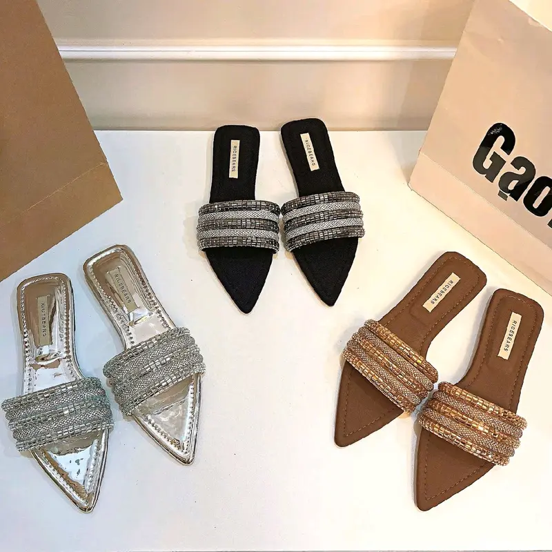 Gạo.Shoes (CÓ BIGSIZE) - Dép Lê Nữ Mũi Nhọn, Quai Ngang Dây Đá So Le, Đế Cao Cấp Chống Trơn Trượt. 1