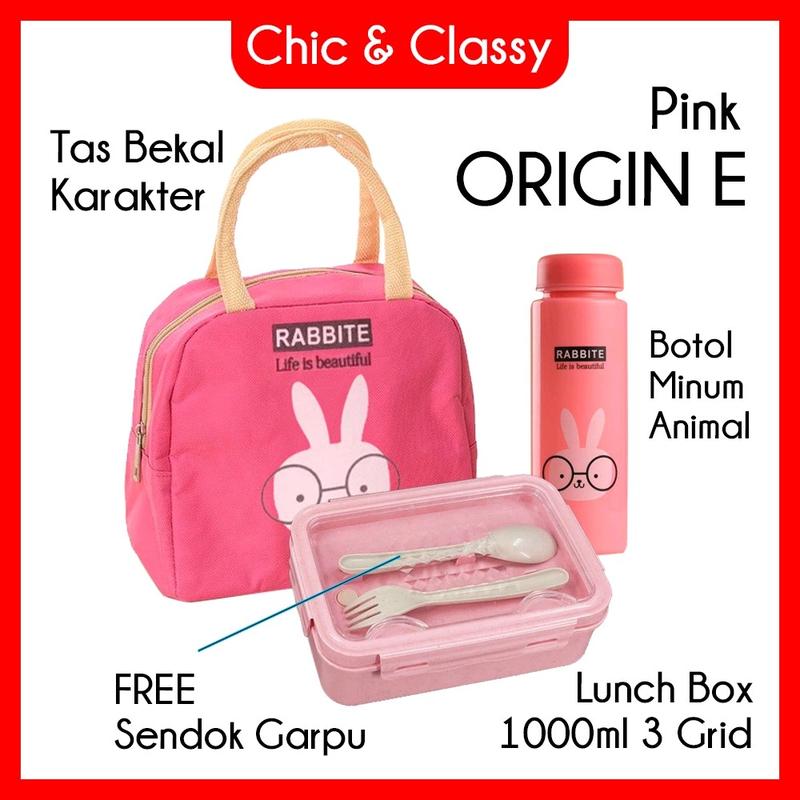 Origin E : set kotak makan 3 grid tebal + sendok dan garpu + tas bekal + botol minum / lunch box Pink Blue 2