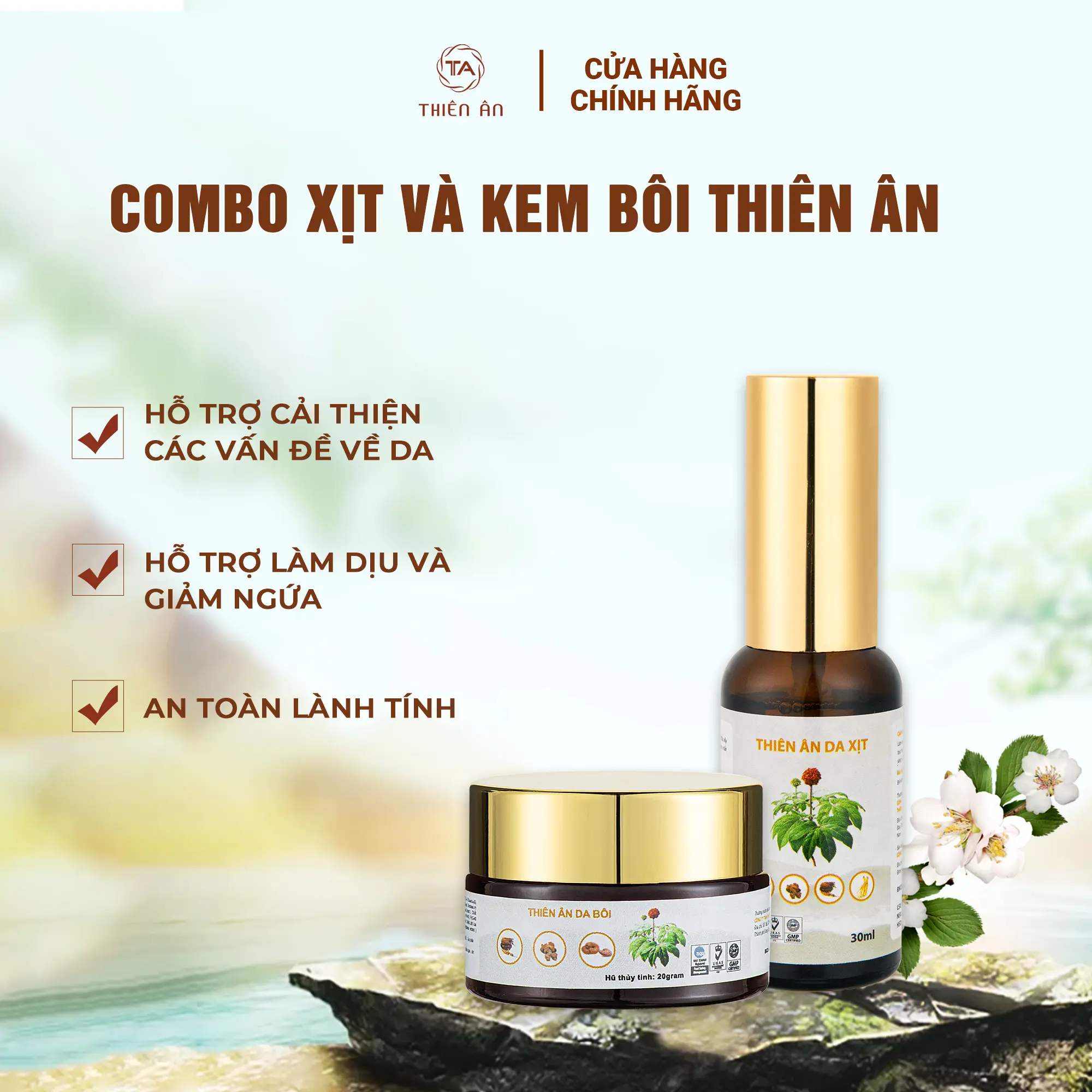 Thiên ân bộ liệu trình cải thiện tình trạng da - Hỗ trợ cải thiện viêm da cơ địa, vảy nến, ghẻ nước, lang beng, hắc lào, nấm da, mẩn ngứa,(Xịt 20ml và Kem 20g)