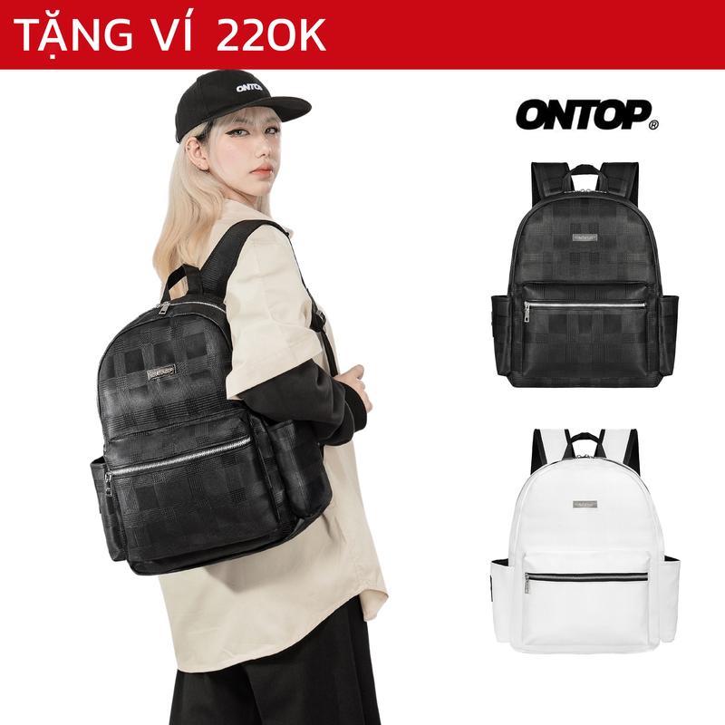  Balo da trắng đen local brand ONTOP nhiều ngăn đựng vừa laptop 14.3inches Basic Leather Backpack with Plaid Print |O-P55 