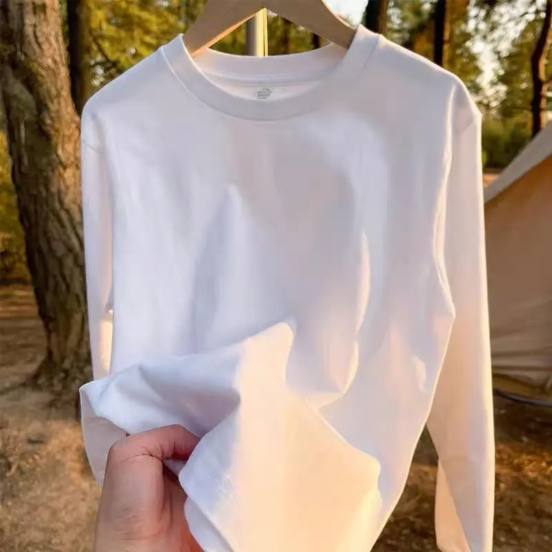 Áo Thun 100% Cotton, Dành Cho Nam Và Nữ, Màu Trắng, Cổ Tròn, Áo Đơn Giản, Dài Tay, Thích Hợp Làm Lớp Nền Áo, Áo Thun Dài Tay, Năm 2024