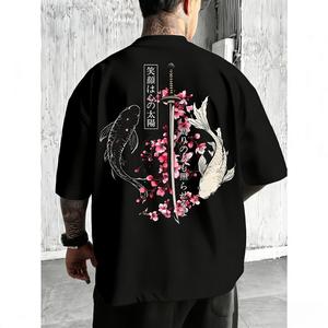 和風Tシャツ - サクラ,黒・ホワイトのコイ,刀剣の柄.男女兼用の春夏に向けてけ爽快やかなラウンドネック半袖Tシャツで,ユニークなデザイン,快适な生地.