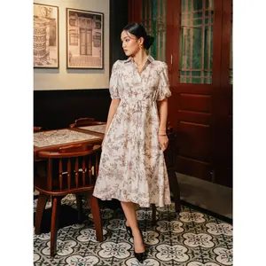 [Jexiva] - Xiami Dress | Dress Kerah Midi Floral Lengan Puff | Midi Dress Wanita CNY Collection 2024| Semi Formal Imlek | Dress Kerah Vintage Floral Lengan Puff | Midi Dress Wanita Motif Vintage Floral | Maroon  Navy Cedar Olive