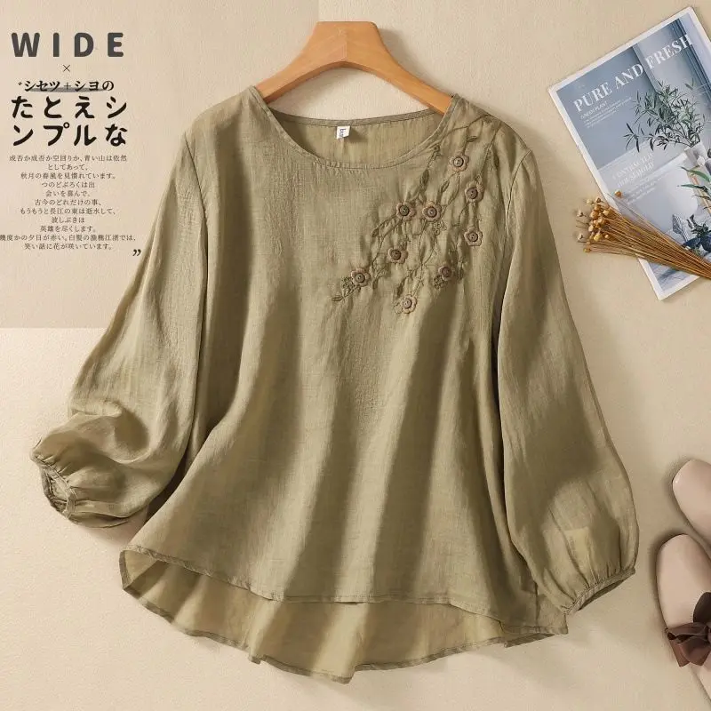 Áo Thun Thêu, Chất Liệu Cotton, Cổ Thuyền Dài Tay, Dáng Rộng Rãi, Áo Khoác Thêu Áo Chui Đầu, Nghệ Thuật Cổ Điển Dành Cho Nữ, Hàng Mới Về Mùa Xuân Và Mùa Hè 2023 Women Top