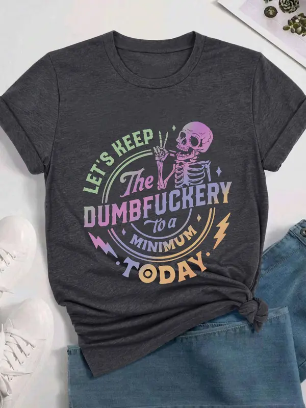 Women's Letter & Skeleton Print Round Neck Graphic Tee, Vintage Trendy Casual Short Sleeve T-shirt for Daily Wear, Ladies Summer Outfit 2