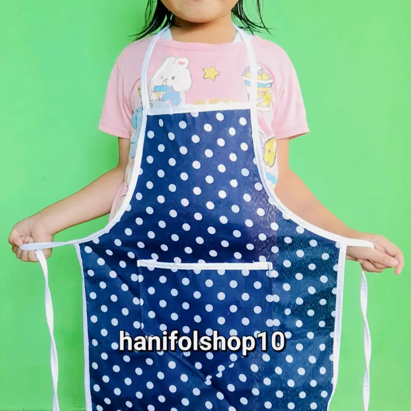 Celmek Apron Anak SD TK Polkadot Viral Plus Topi Chef Senada 1 set Celmek Dapur Anak Celemek viral dengan kantong polcadot hitam 7