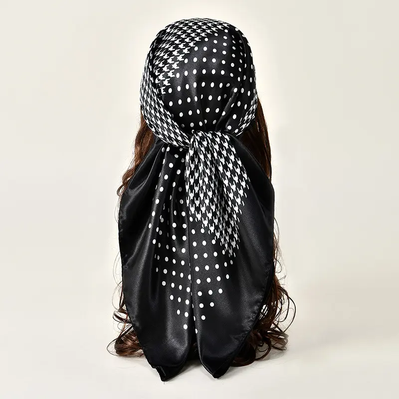 2025 Spring Style Elegant Satin Houndstooth Scarf for Women Korean Fashion Neck Scarf 90cm Imitation Silk Printed Headscarf