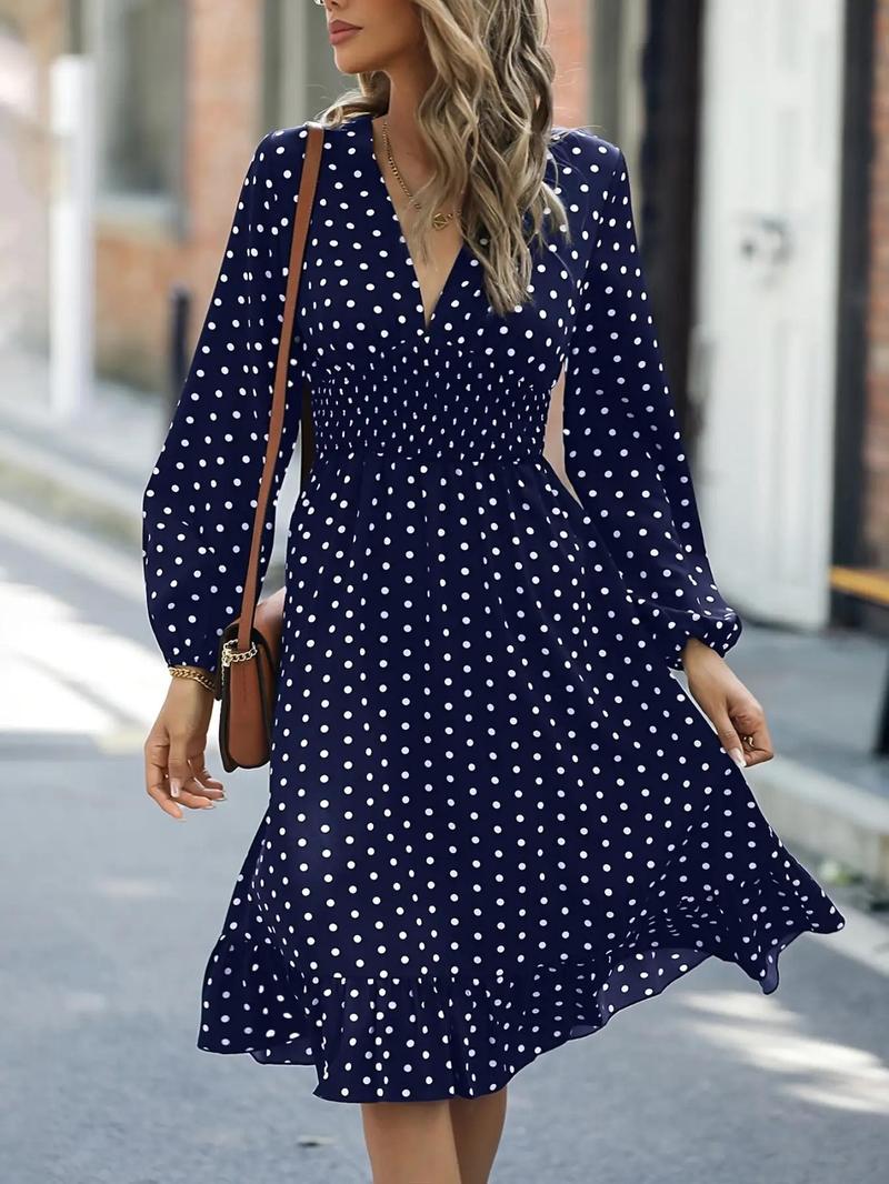 Product Introduction of Women's Polka Dot Print Ruffle Hem A Line Dress, Casual V Neck Bishop Sleeve Knee Length Dress for Summer, Fashion Women's Dresses for Daily Wear 9