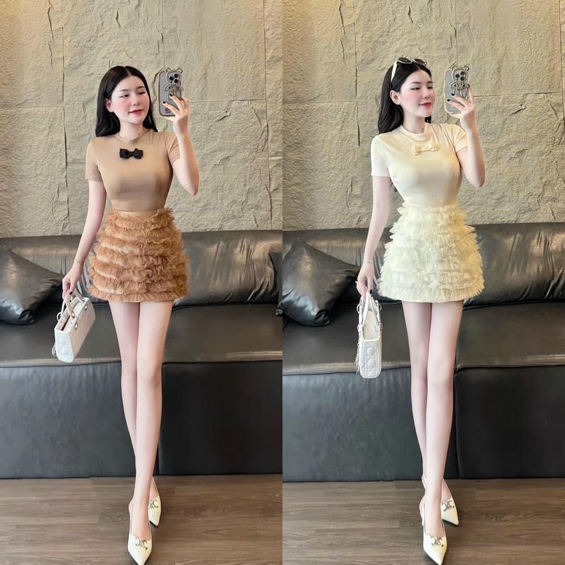 Set áo tăm lạnh ôm body đính nơ mix chân váy tầng bèo xinh dể thương mẫu mới đáng yêu Nữ 0