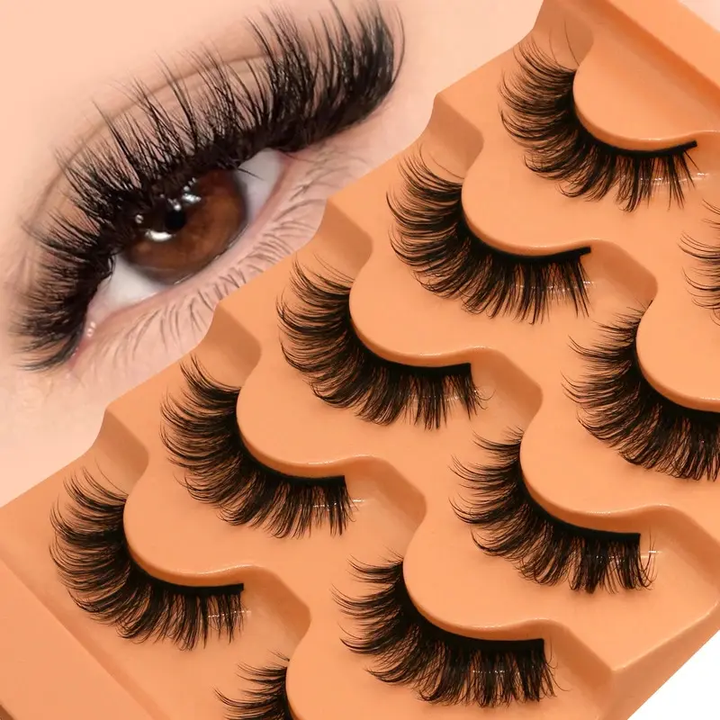 GROINNEYA Cat Eye Lashes Fluffy Faux Mink Lashes 8D Volume Wispy Long Lashes Fake Eyelash Russian Strips 5 Pairs Pack Makeup