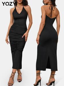 YOZY Women's Solid Ruched Tie Back Split Bodycon Dress, Casual Fashion Backless Halter Neck Long Dress for Party Club Dating Wear, Women Dress for Spring & Fall