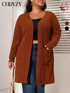 CURVZY Plus Size Solid Drop Shoulder Open Front Cardigan, Casual Long Sleeve Pocket Ribbed Knitwear for Spring & Fall, Women's Plus Clothing for Daily Wear