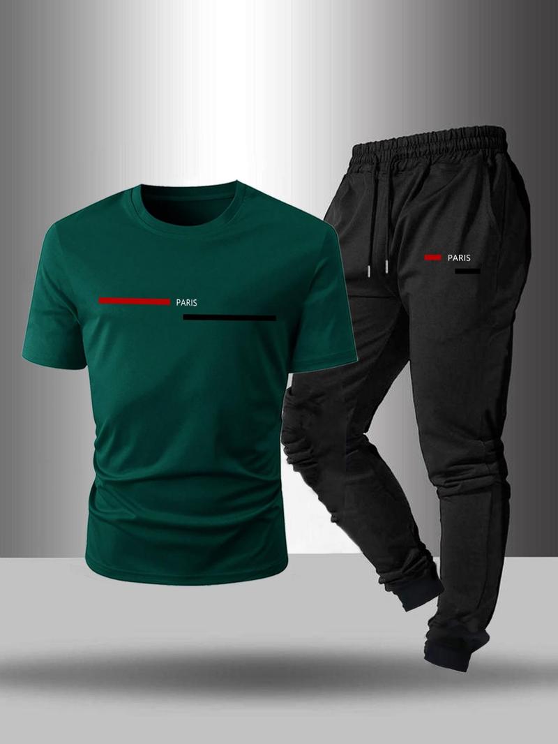 Product Introduction of Men's Letter Print Tee & Drawstring Waist Pants Two-piece Set, Regular Fit Round Neck Short Sleeve T-shirt & Trousers, Casual Clothes for Summer 4