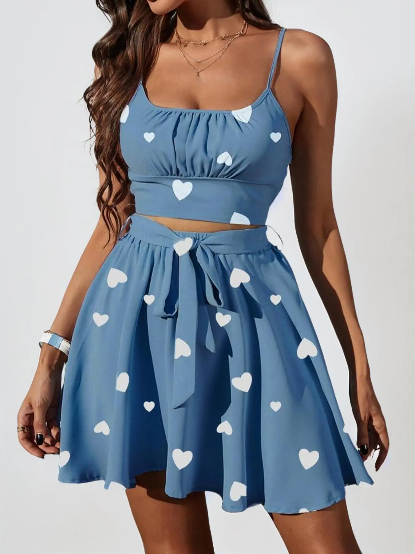Women's Heart Print Shirred Crop Cami Top & Belted Skirt Co-ord Set Summer, 2 Piece Sets Women, Adjustable Strap Sleeveless Crop Top & A-line Skirt Two-piece Set, Summer Outfits 2024, 2 Piece Sets Women, Summer Outfits 2024