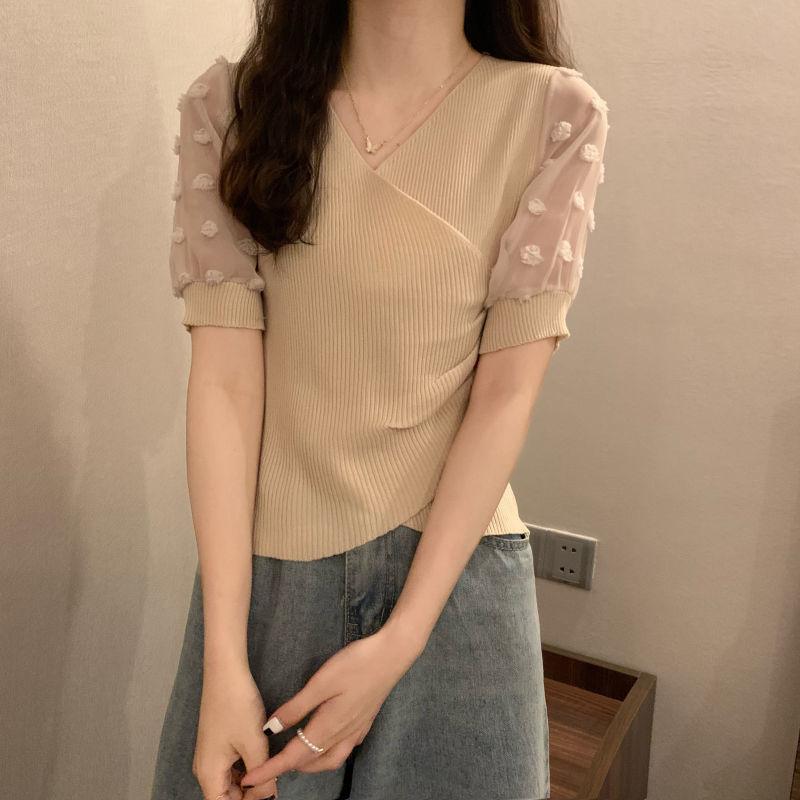 Product Introduction of Áo Thun Thiết Kế Voan Dáng Ôm, Knatwear, Cổ Chữ V, Ngắn, Dành Cho Nữ, Màu Đỏ Ngủ, Quần Áo Nữ 7