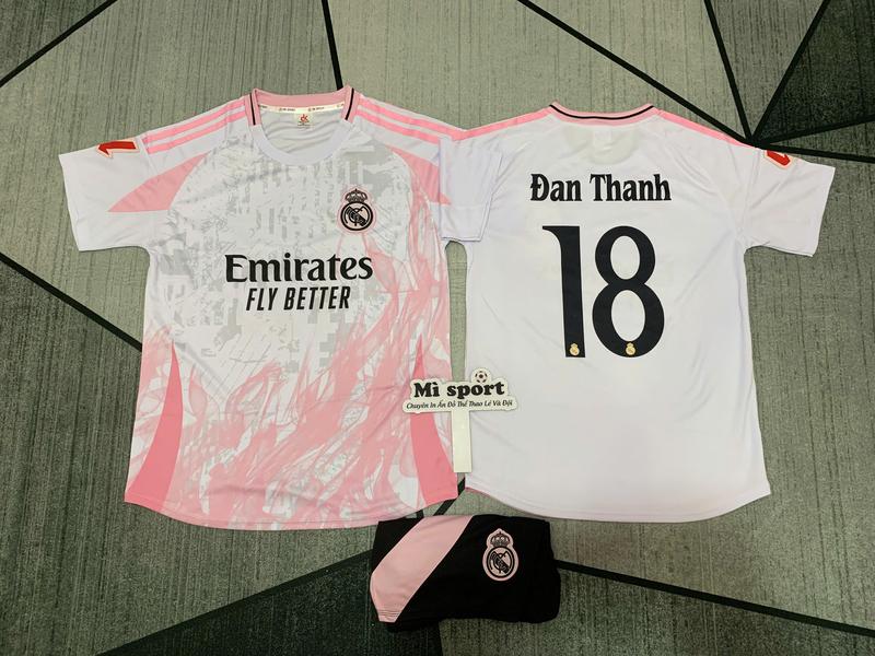 Real Trắng Hồng (mè kim) (DK)- Bộ Quần Áo Thể Thao  Vải mè kim logo thêu [2024] - Có in Tên + Số theo yêu cầu Sport Top Nam