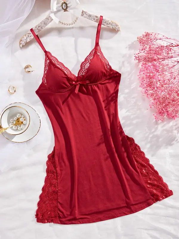 Plus Size Solid Color Lace Trim Split Thigh Design Cami Nightdress, Soft Comfortable Nightgown for Women, Women's Sleepwear for All Seasons 8